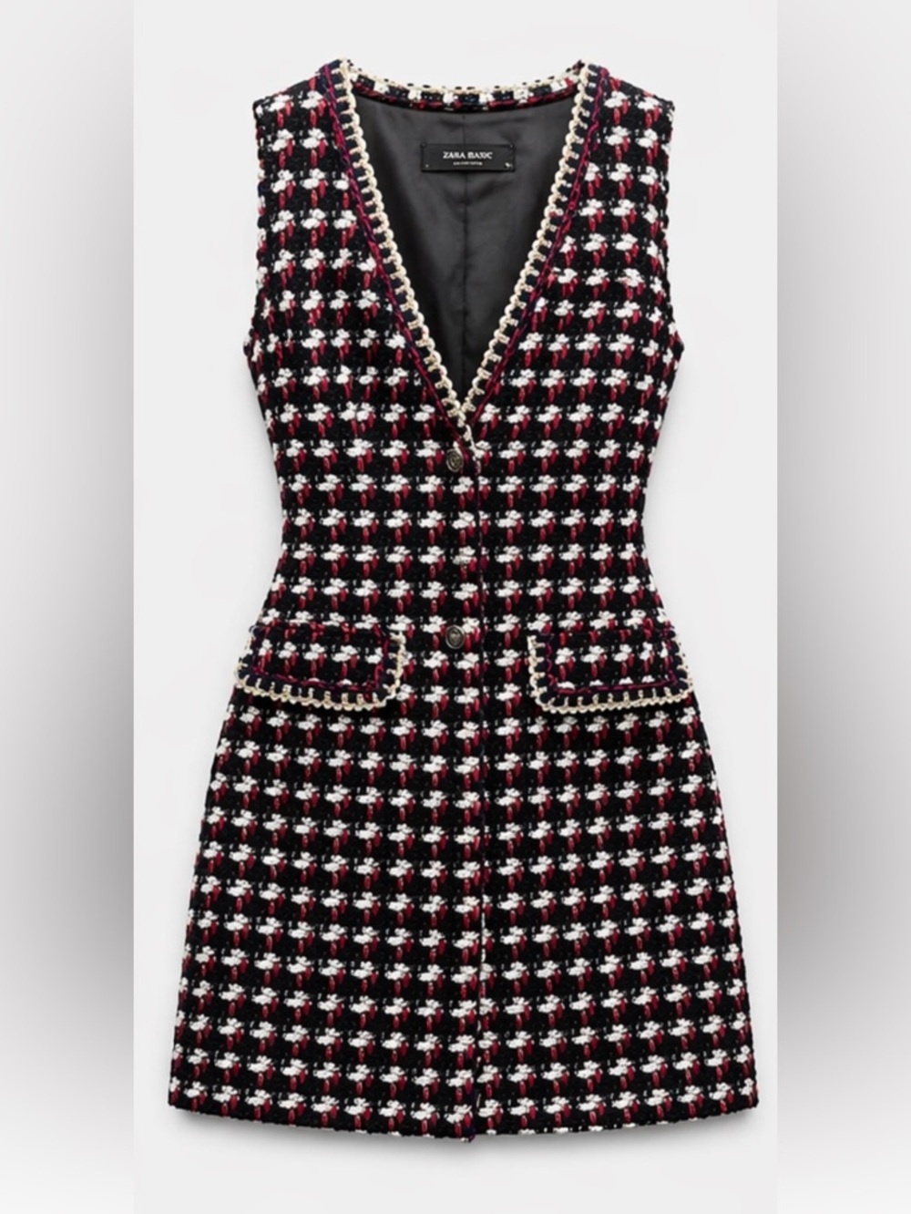 ZARA Tweed Vest XS Black Red White Textured Sleeveless Gold Trim